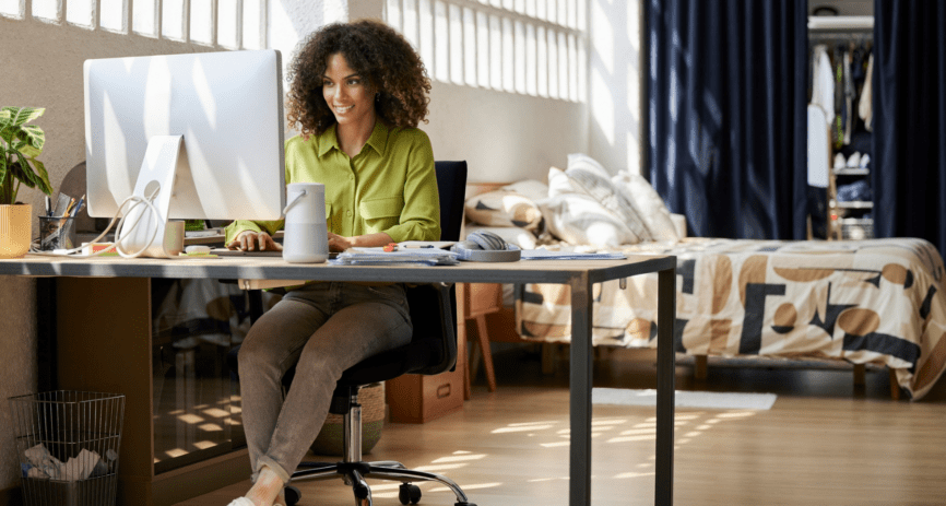Woman working from home at computer