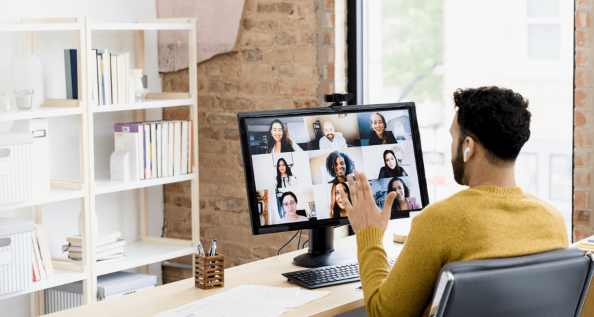 Employee working from home while on video call