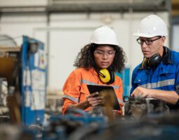 Two engineers work on a manufacturing floor.